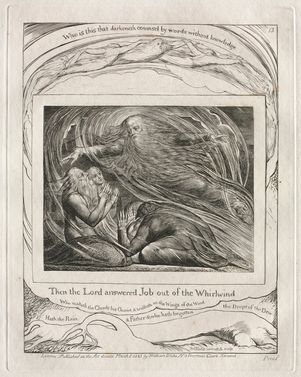 Jobin kirja: Pl. 13, Sitten Herra vastasi Jobille pyörteestä, 1825. tekijältä William Blake