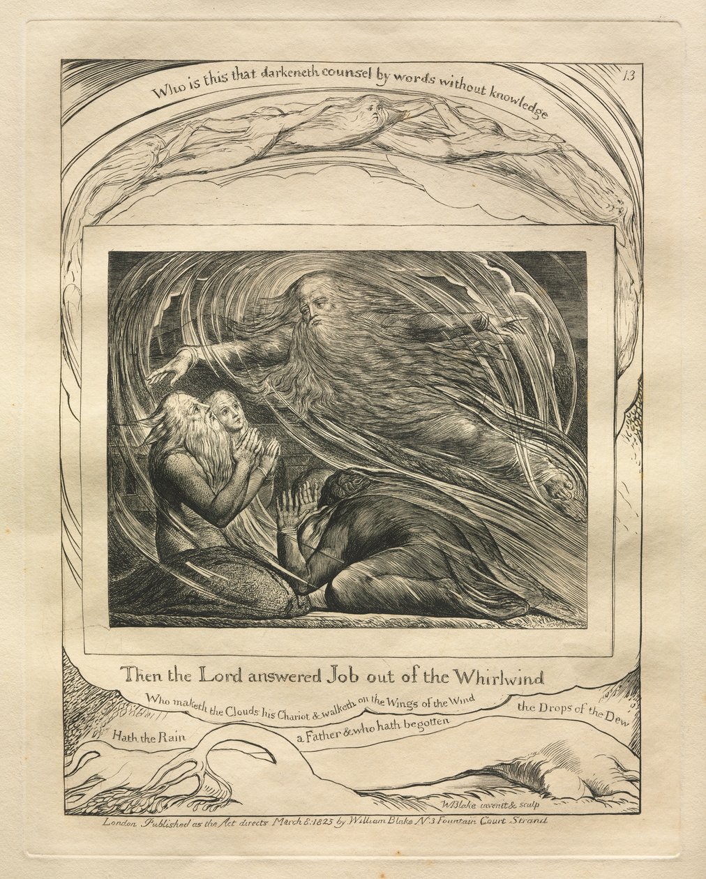 Jobin kirja: Pl. 13, Sitten Herra vastasi Jobille pyörteestä, 1825. tekijältä William Blake