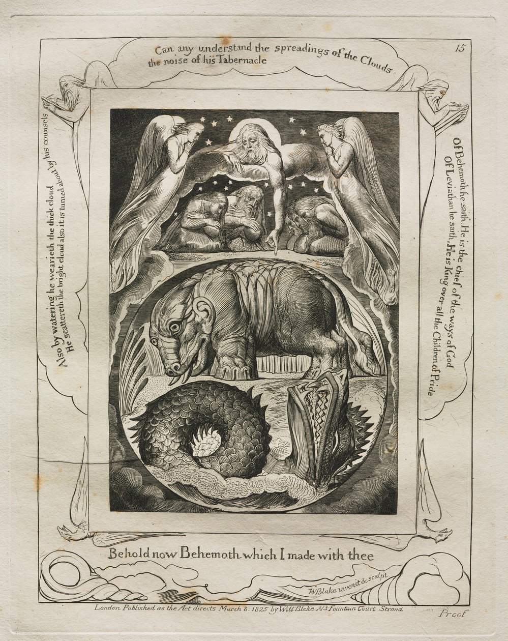 Jobin kirja: Pl. 15, Katso nyt Behemot, jonka tein kanssasi, 1825. tekijältä William Blake
