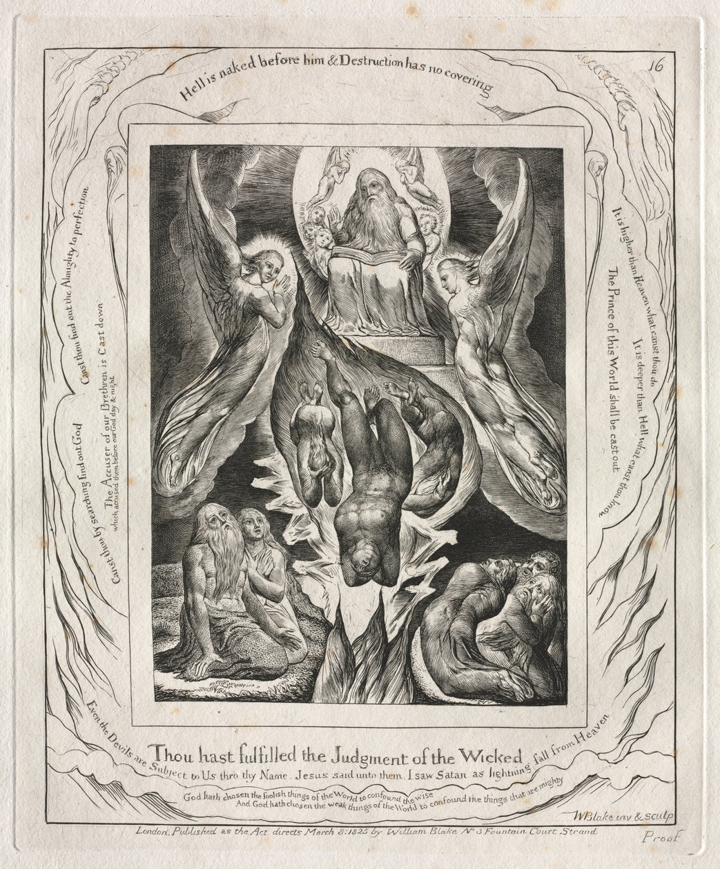 Jobin kirja: Pl. 16, Sinä olet täyttänyt jumalattomien tuomion, 1825. tekijältä William Blake