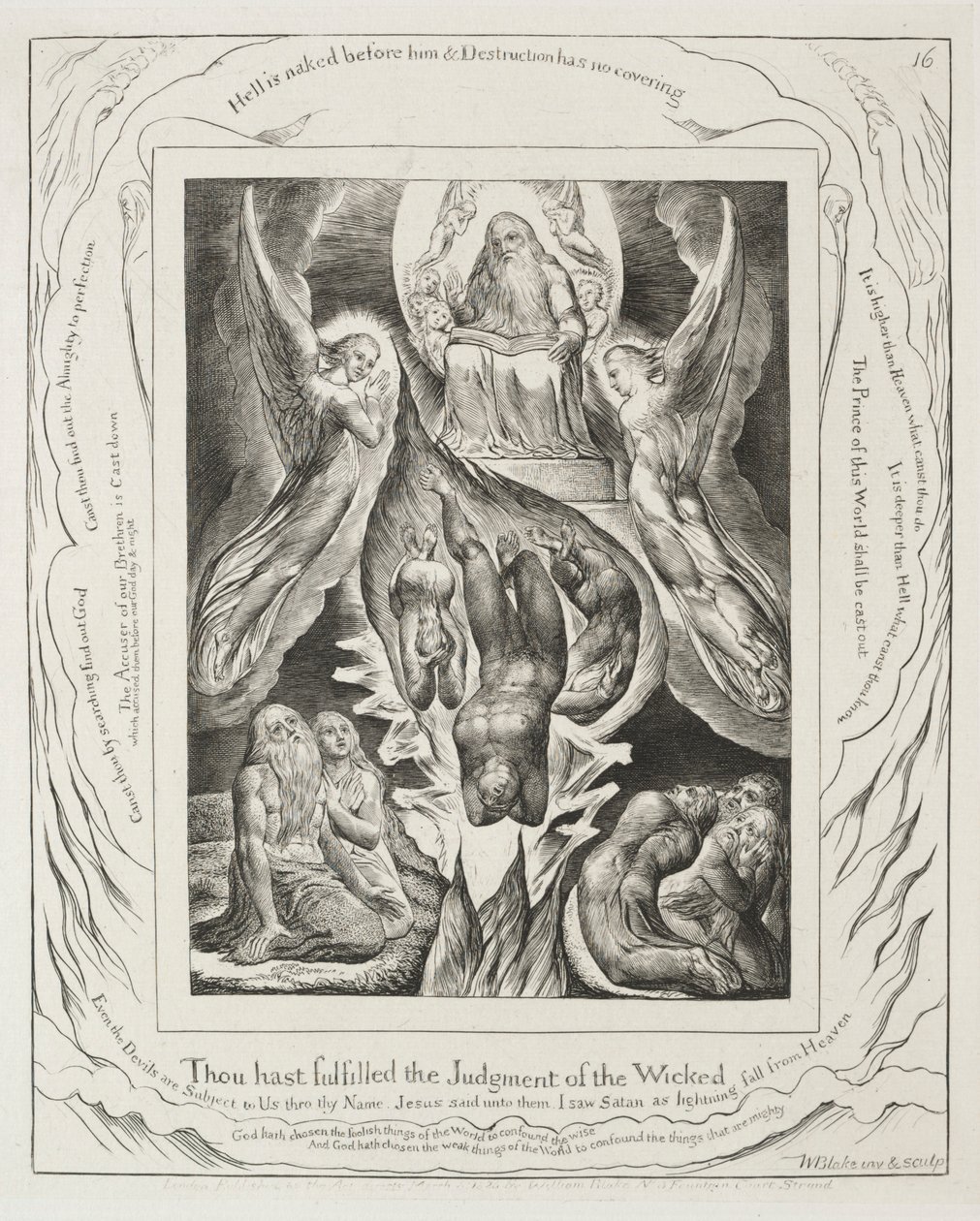 Jobin kirja: Pl. 16, Sinä täytät jumalattomien tuomion, 1825. tekijältä William Blake