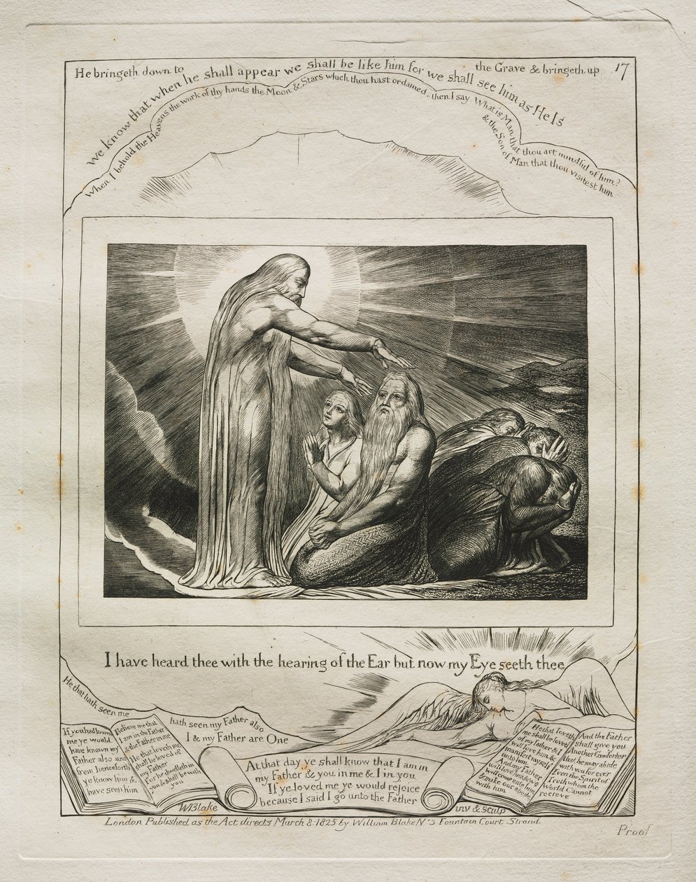 Jobin kirja: Pl. 17, Olen kuullut sinut korvan kuulolla, mutta nyt silmäni..., 1825. tekijältä William Blake