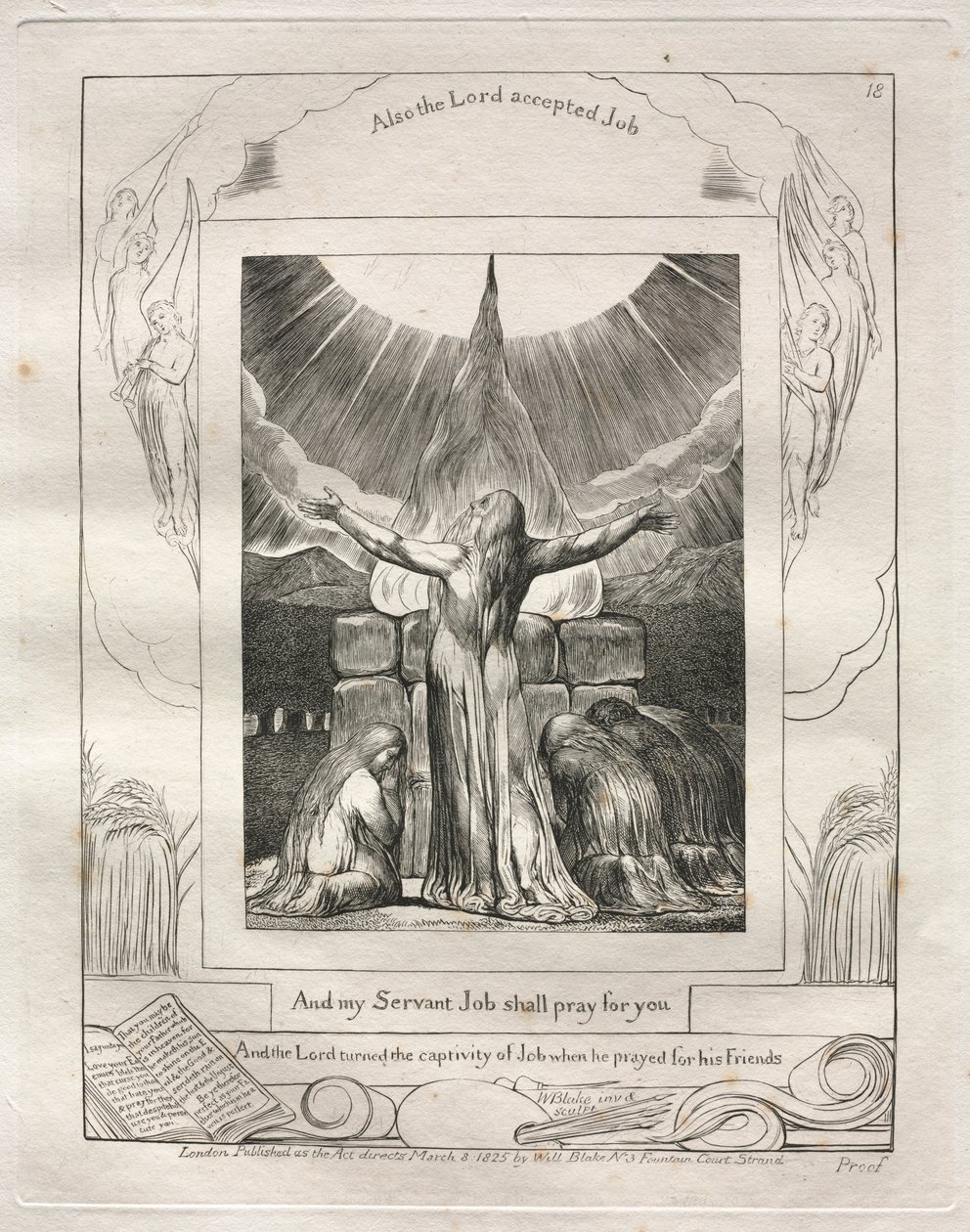 Jobin kirja: Pl. 18, Ja palvelijani Job rukoilee puolestasi, 1825. tekijältä William Blake