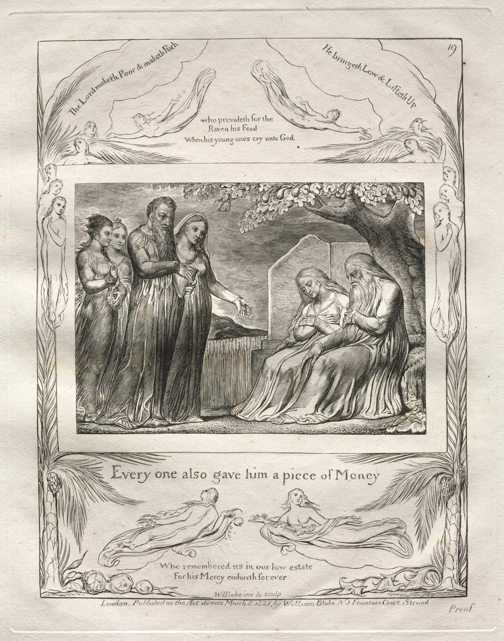 Jobin kirja: Pl. 19, Jokainen antoi hänelle myös palan rahaa, 1825. tekijältä William Blake