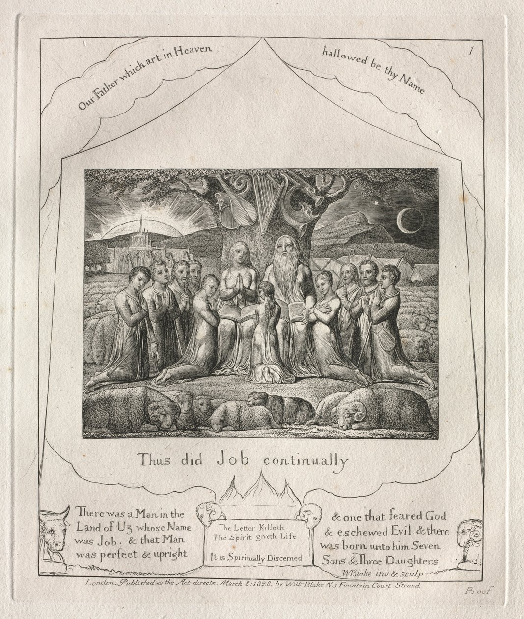 Jobin kirja: Pl. 1, Näin Job teki jatkuvasti, 1825. tekijältä William Blake