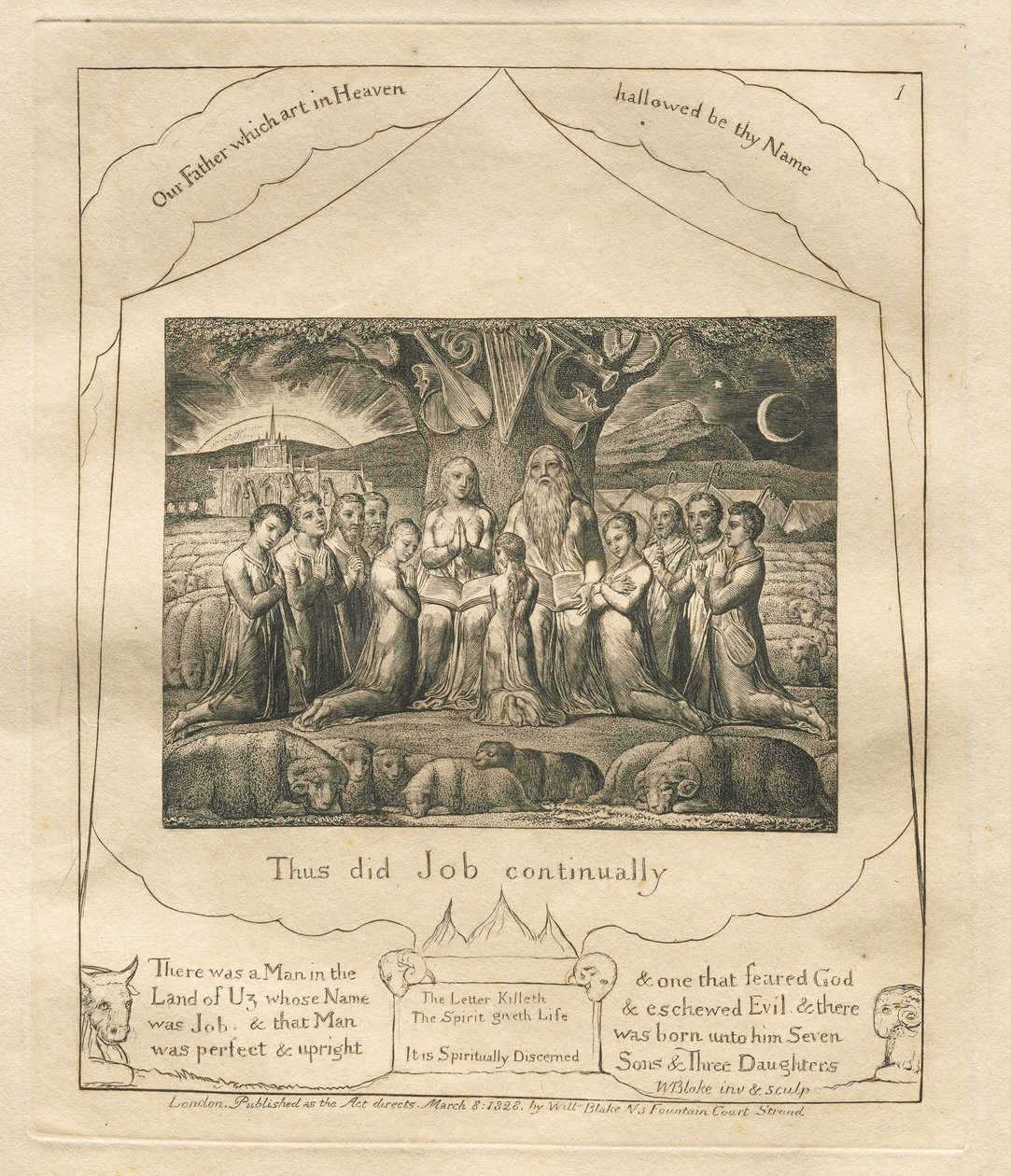 Jobin kirja: Pl. 1, Näin Job teki jatkuvasti, 1825. tekijältä William Blake