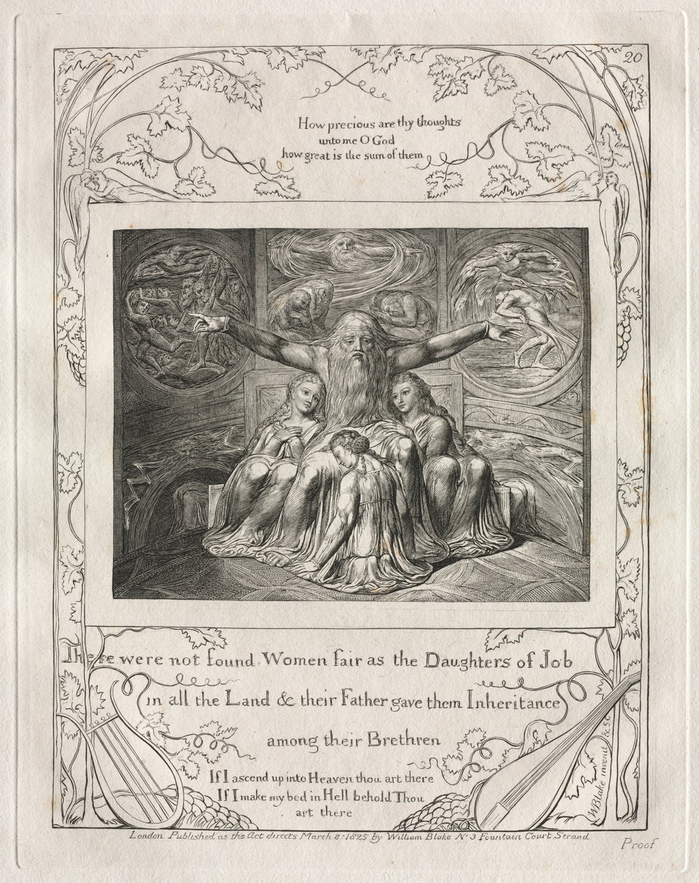 Jobin kirja: Pl. 20, Jobin tyttäreiksi katsottuja naisia ei löytynyt, 1825. tekijältä William Blake