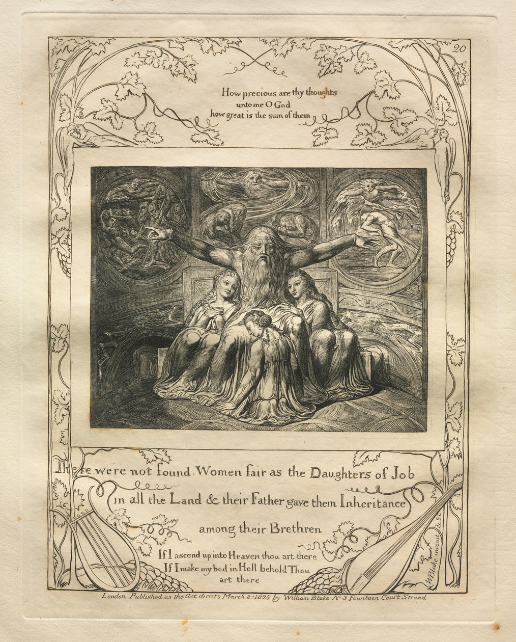 Jobin kirja: Pl. 20. Kaikista maasta ei löytynyt kauniita naisia kuin Jobin tyttäriä, tekijältä William Blake