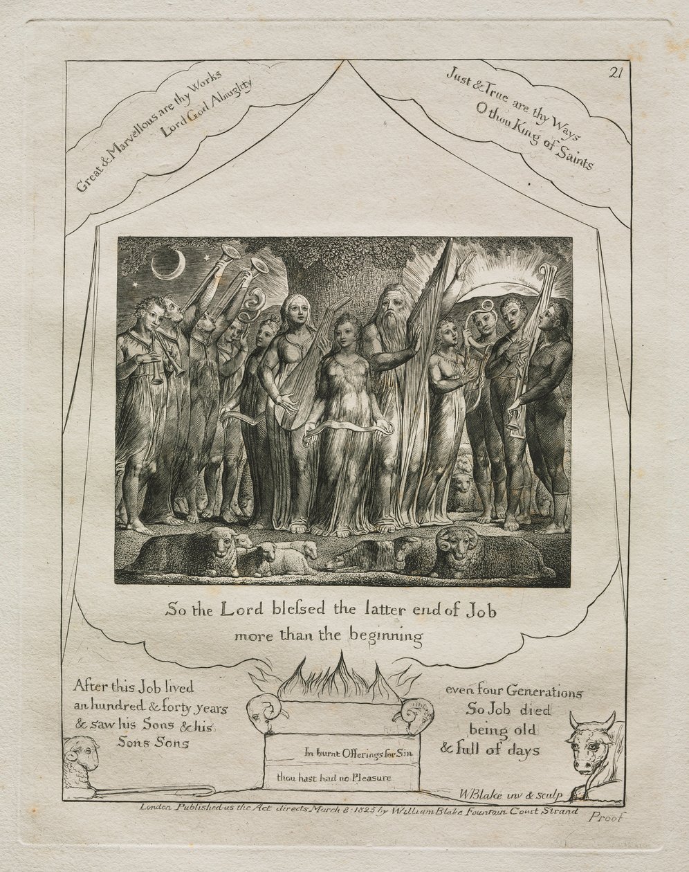 Jobin kirja: Pl. 21, Joten Herra siunasi Jobin jälkimmäistä päätä enemmän kuin vuotta 1825. tekijältä William Blake