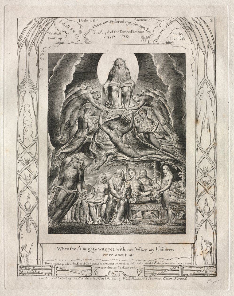 Jobin kirja: Pl. 2, Kun Kaikkivaltias oli vielä kanssani, Kun lapseni..., 1825. tekijältä William Blake
