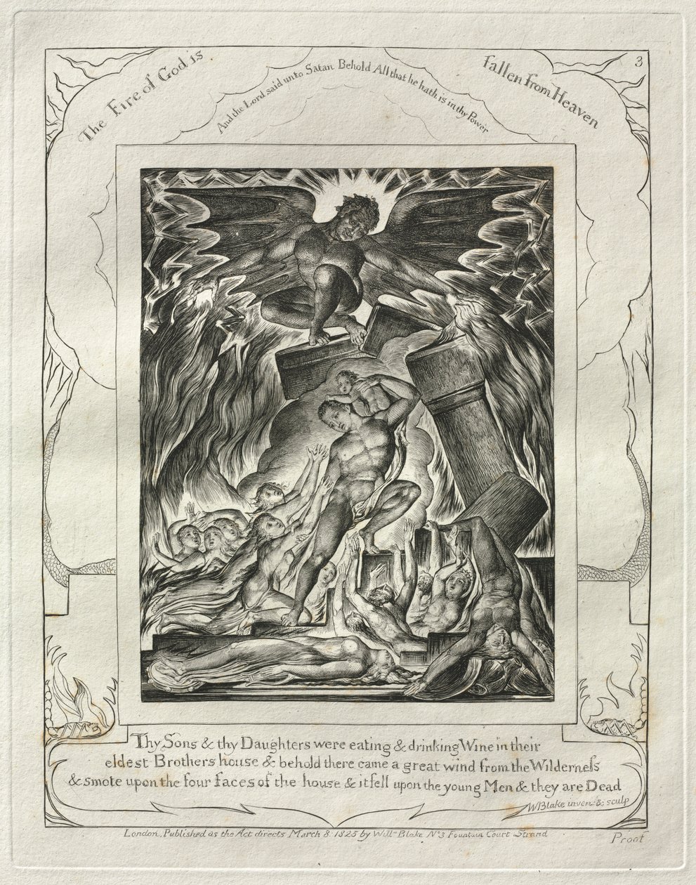 Jobin kirja: Pl. 3, Poikasi ja tyttäresi söivät ja joivat viiniä..., 1825. tekijältä William Blake