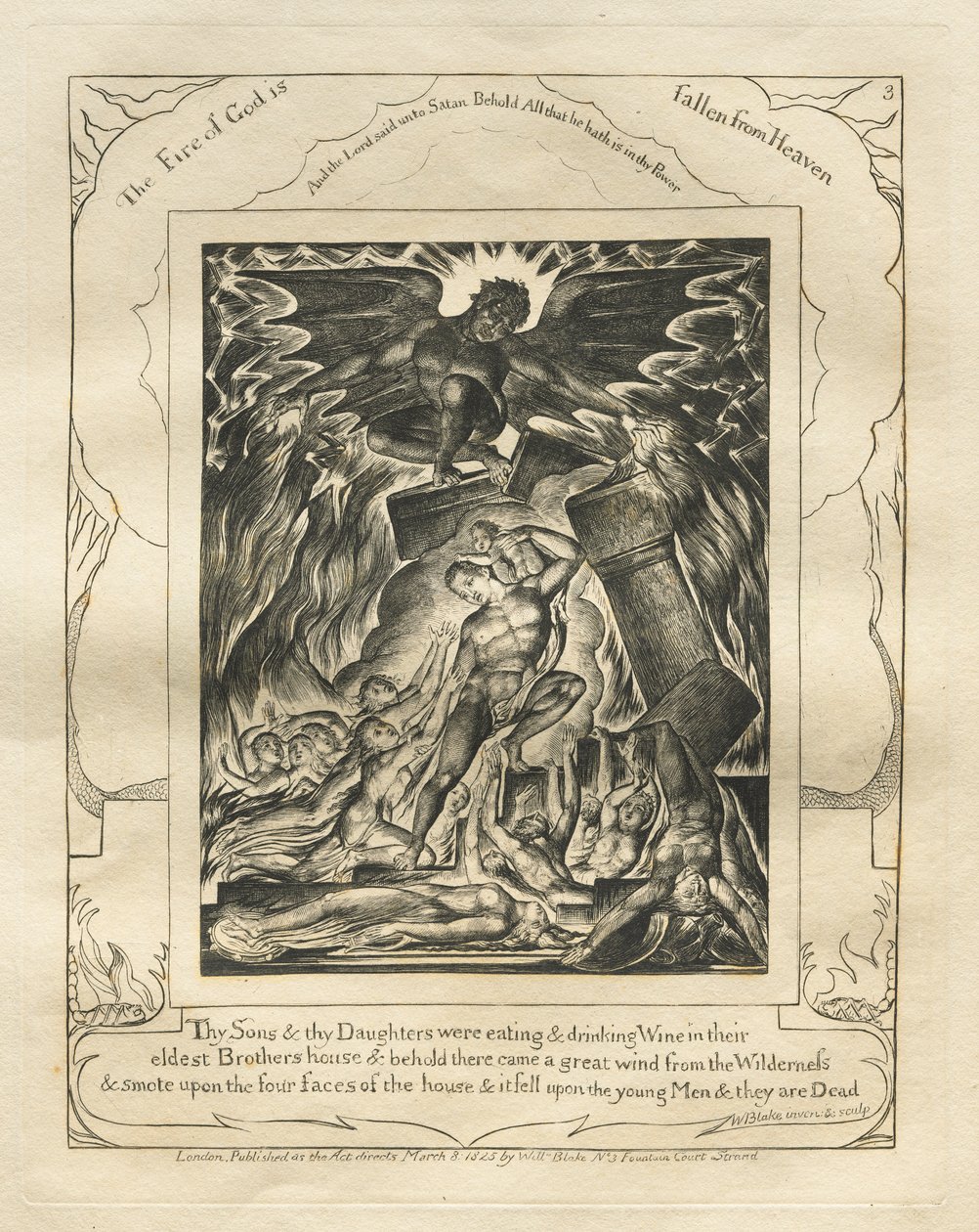 Jobin kirja: Pl. 3, Poikasi ja tyttäresi söivät ja joivat viiniä vanhimmassa veljeskodissaan tekijältä William Blake