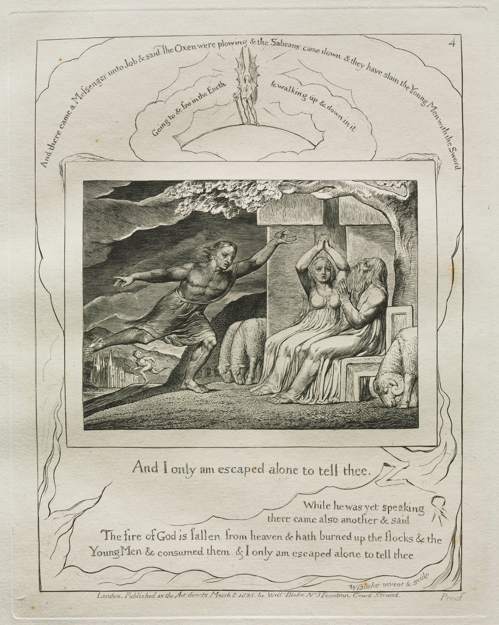 Jobin kirja: Pl. 4, Ja minä vain pakenin yksin kertoakseni sinulle, 1825. tekijältä William Blake