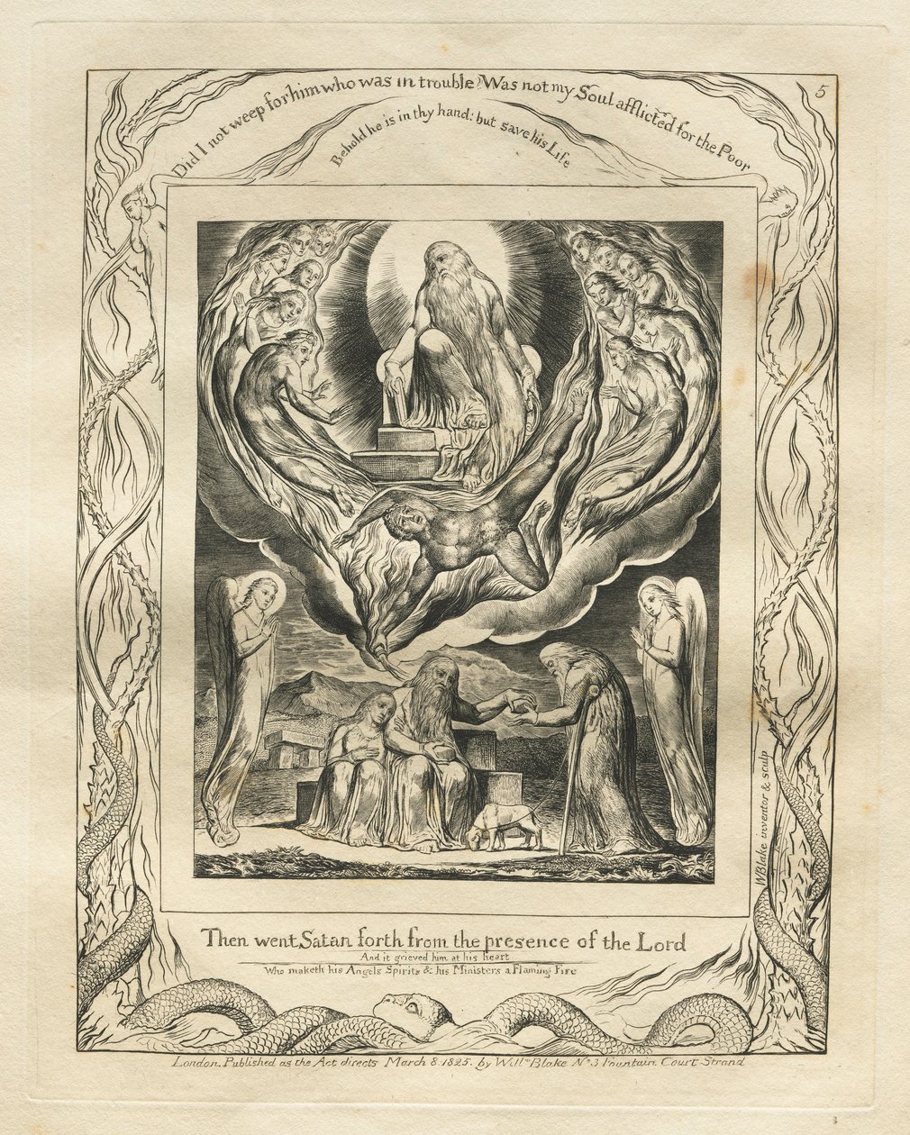 Jobin kirja: Pl. 5, Sitten Saatana lähti Herran edestä, 1825. tekijältä William Blake