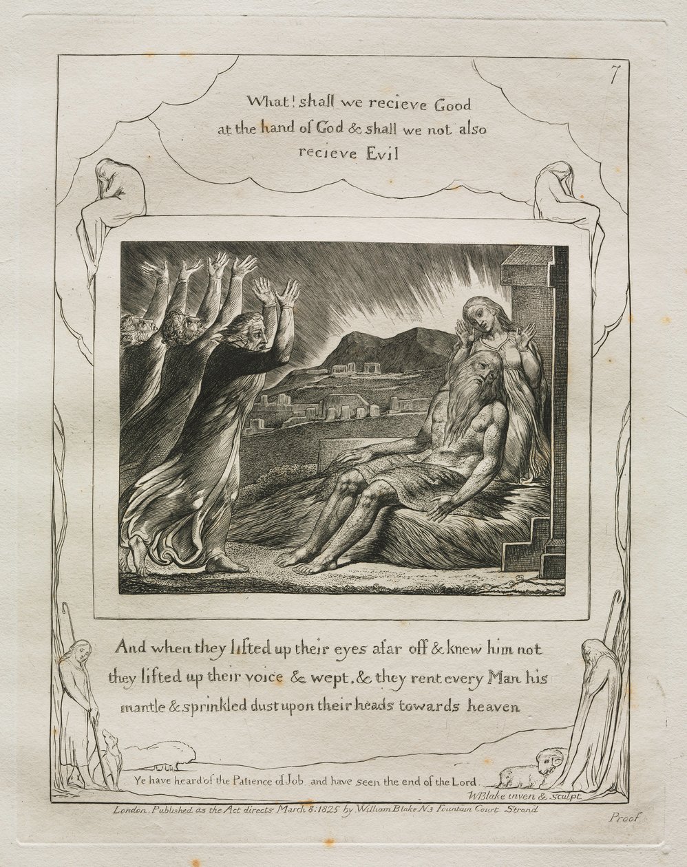 Jobin kirja: Pl. 7, Ja kun he nostivat katseensa kauas eivätkä tunteneet häntä..., 1825. tekijältä William Blake