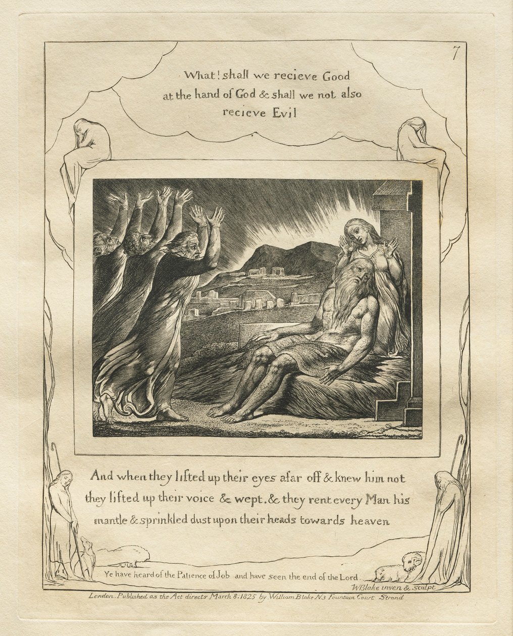 Jobin kirja: Pl. 7, Ja kun he nostivat katseensa kauas eivätkä tunteneet häntä..., 1825. tekijältä William Blake