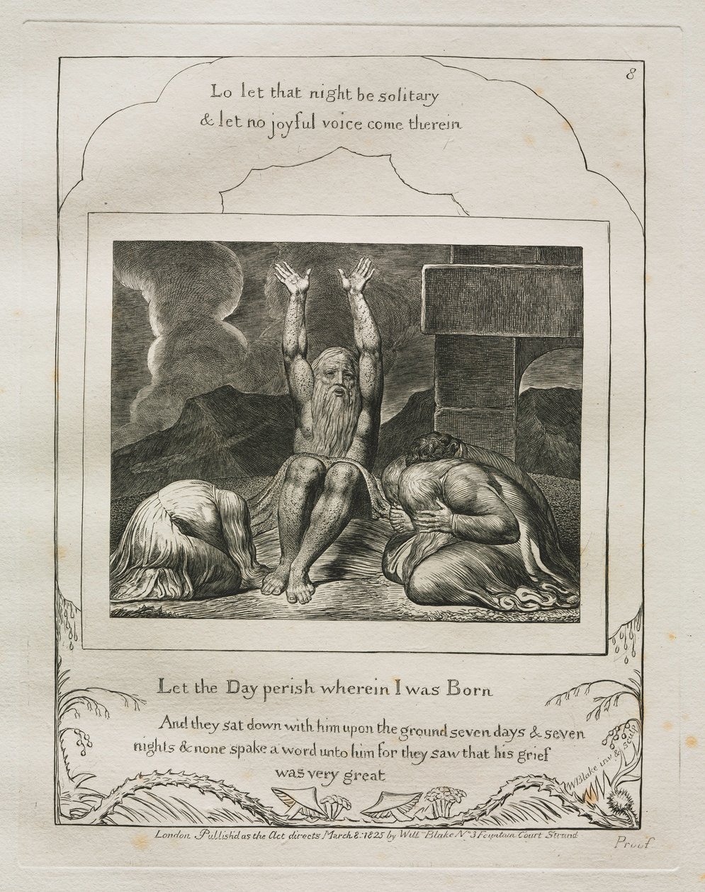 Jobin kirja: Pl. 8, hukkukoon päivä, jolloin synnyin, 1825. tekijältä William Blake