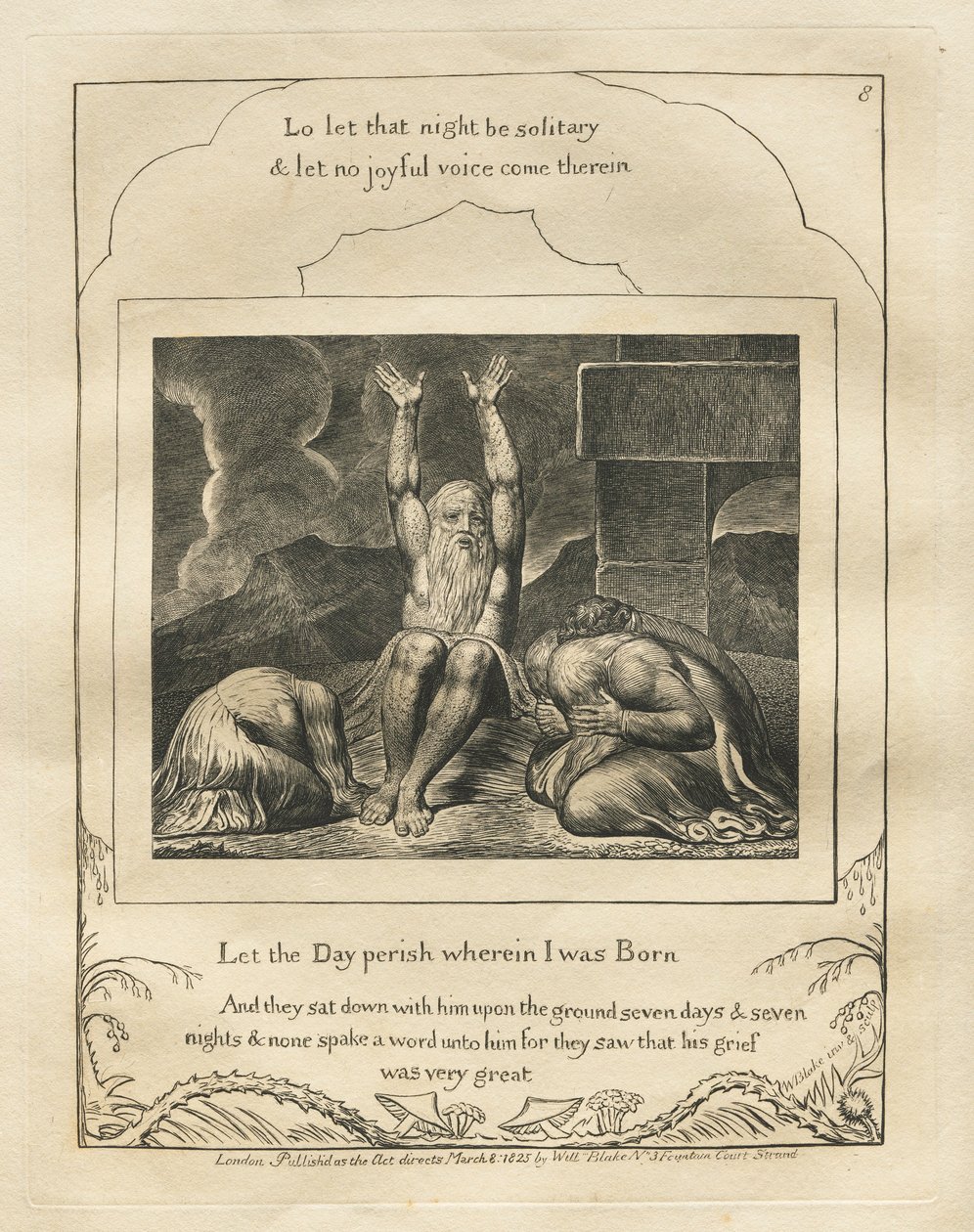 Jobin kirja: Pl. 8, hukkukoon päivä, jolloin synnyin, 1825. tekijältä William Blake