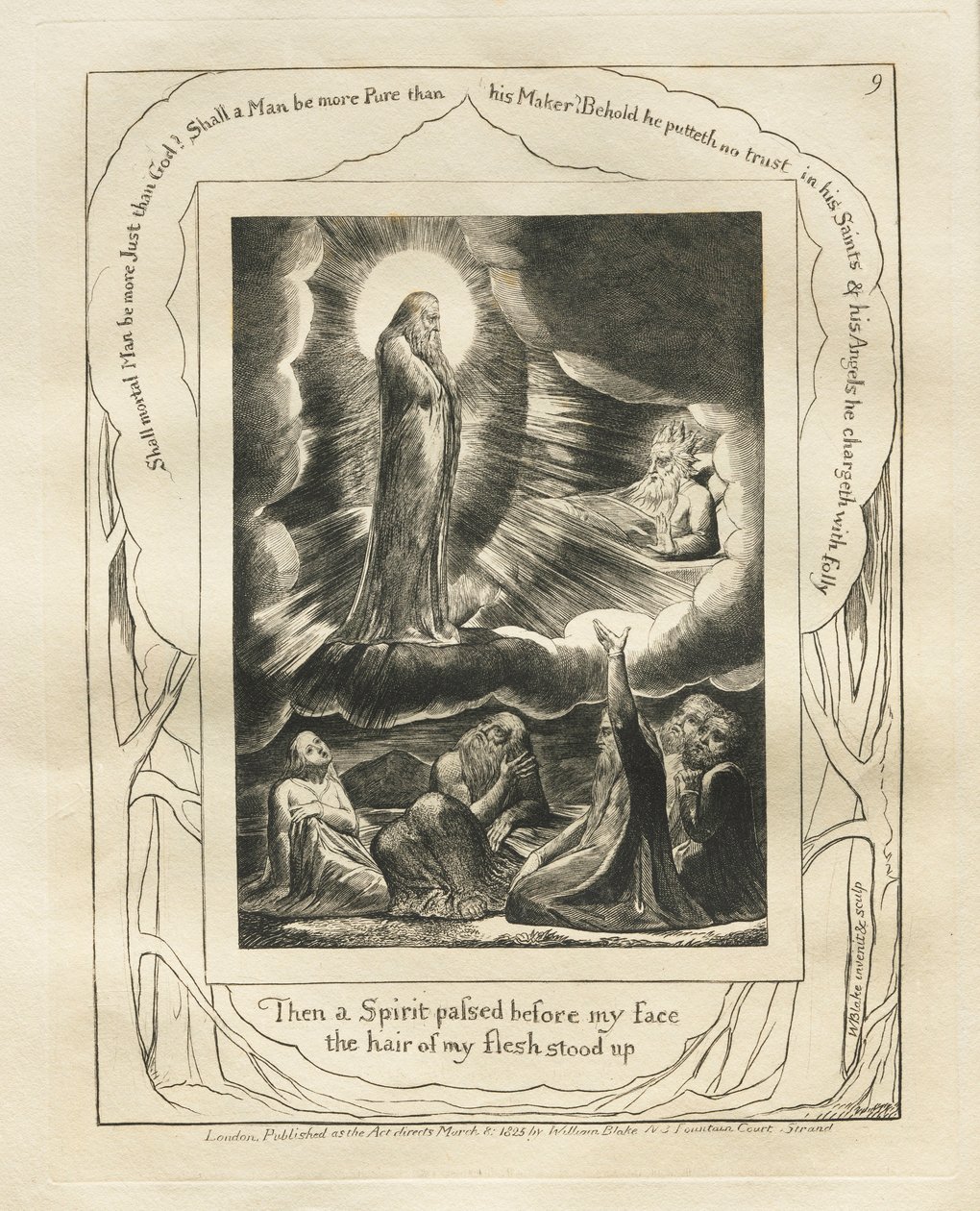 Jobin kirja: Pl. 9, Sitten Henki kulki kasvojeni edestä, lihani karvat nousivat, 1825. tekijältä William Blake
