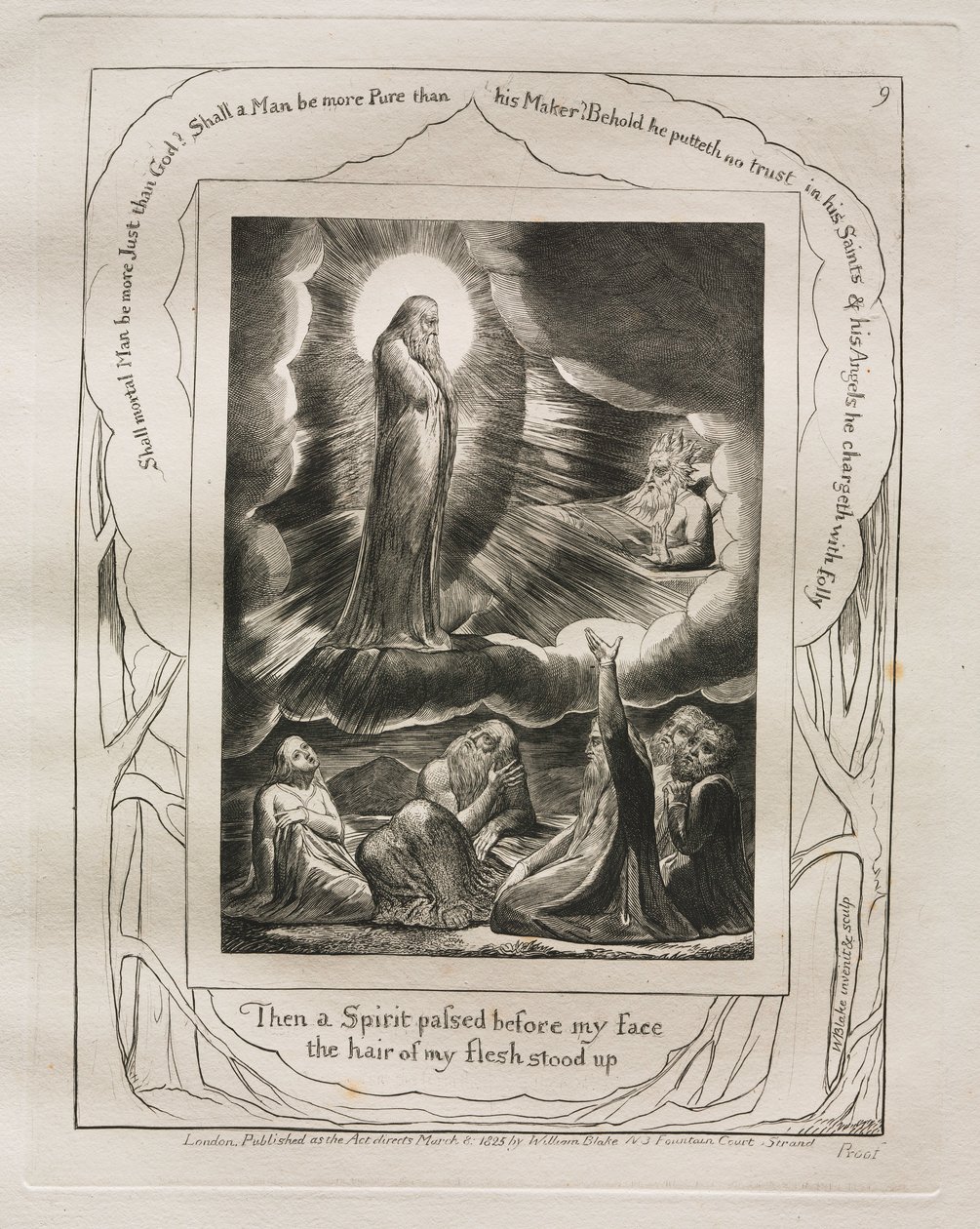 Jobin kirja: Pl. 9, Sitten Henki kulki kasvojeni edestä, lihani karvat nousivat, 1825. tekijältä William Blake