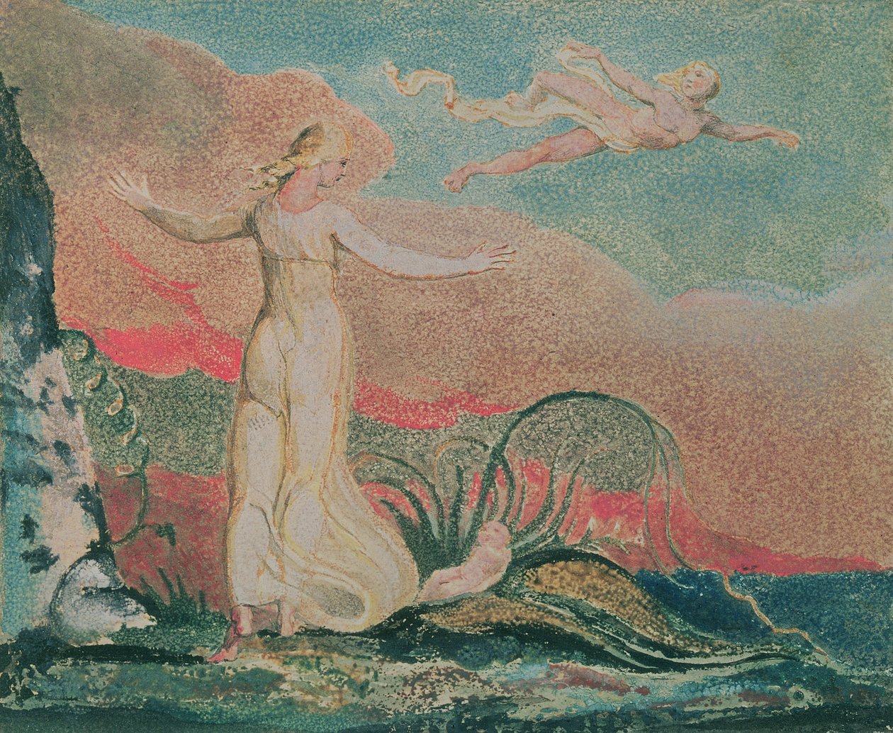 Thelin kirja; Levy 4 Thel in the Vale of Har, 1794 (väripainettu kohokuvioetsaus) tekijältä William Blake