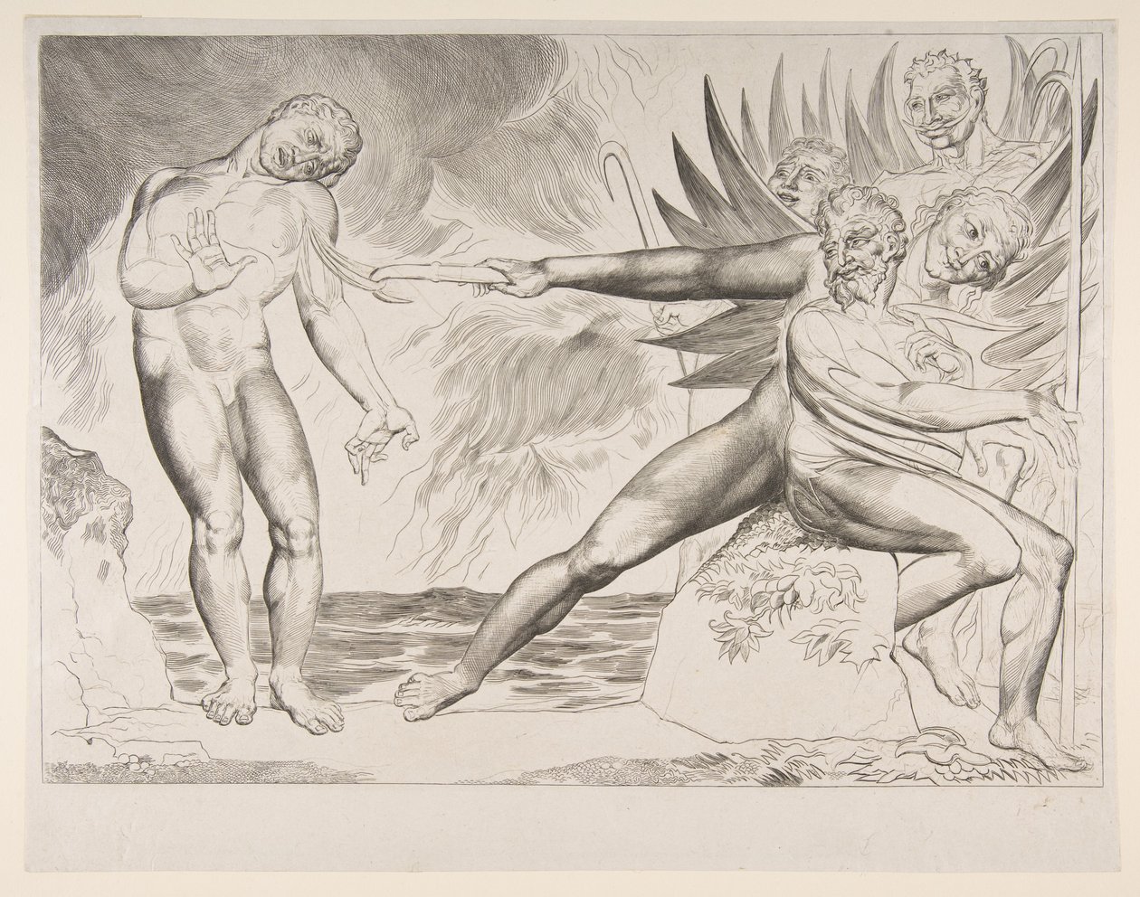 Korruptoituneiden virkamiesten piiri: Ciampoloa piinaavat paholaiset, Dantes Infer..., n. 1825-27. tekijältä William Blake