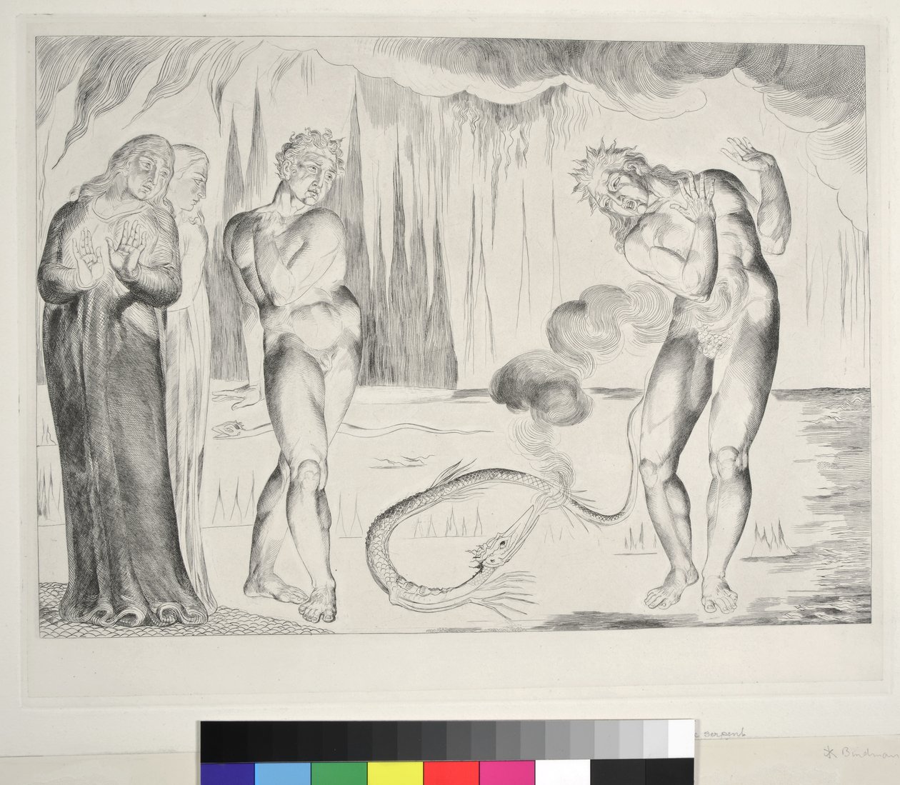 Varkaiden ympyrä: Buoso Donati käärmeen kimppuun, Inferno, Canto XXV, kuvitus Dante Alighierin jumalallisesta komediasta, 1827 tekijältä William Blake