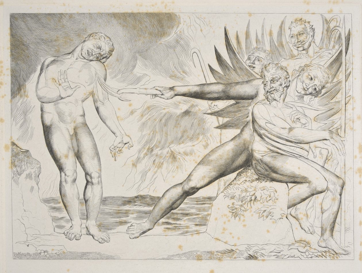 Korruptoituneiden virkamiesten ympyrä: Paholaiset piinaavat Ciampolo Infernoa, Canto XXII, kuvitus Dante Alighierin jumalallisesta komediasta, n. 1827-38 (kaiverrus) tekijältä William Blake
