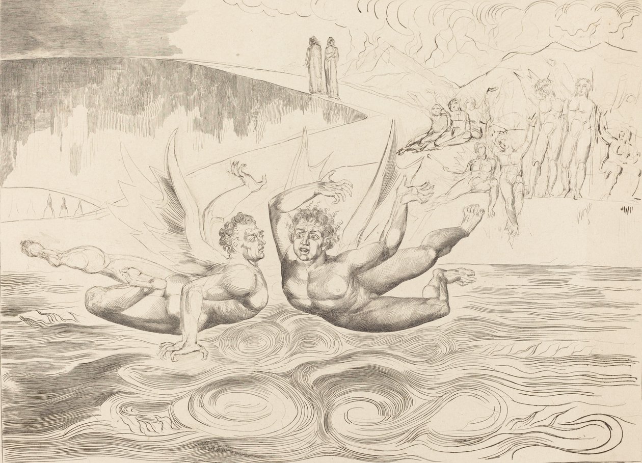 Korruptoituneiden virkamiesten ympyrä, paholaiset raiskaavat toisiaan, 1827. tekijältä William Blake