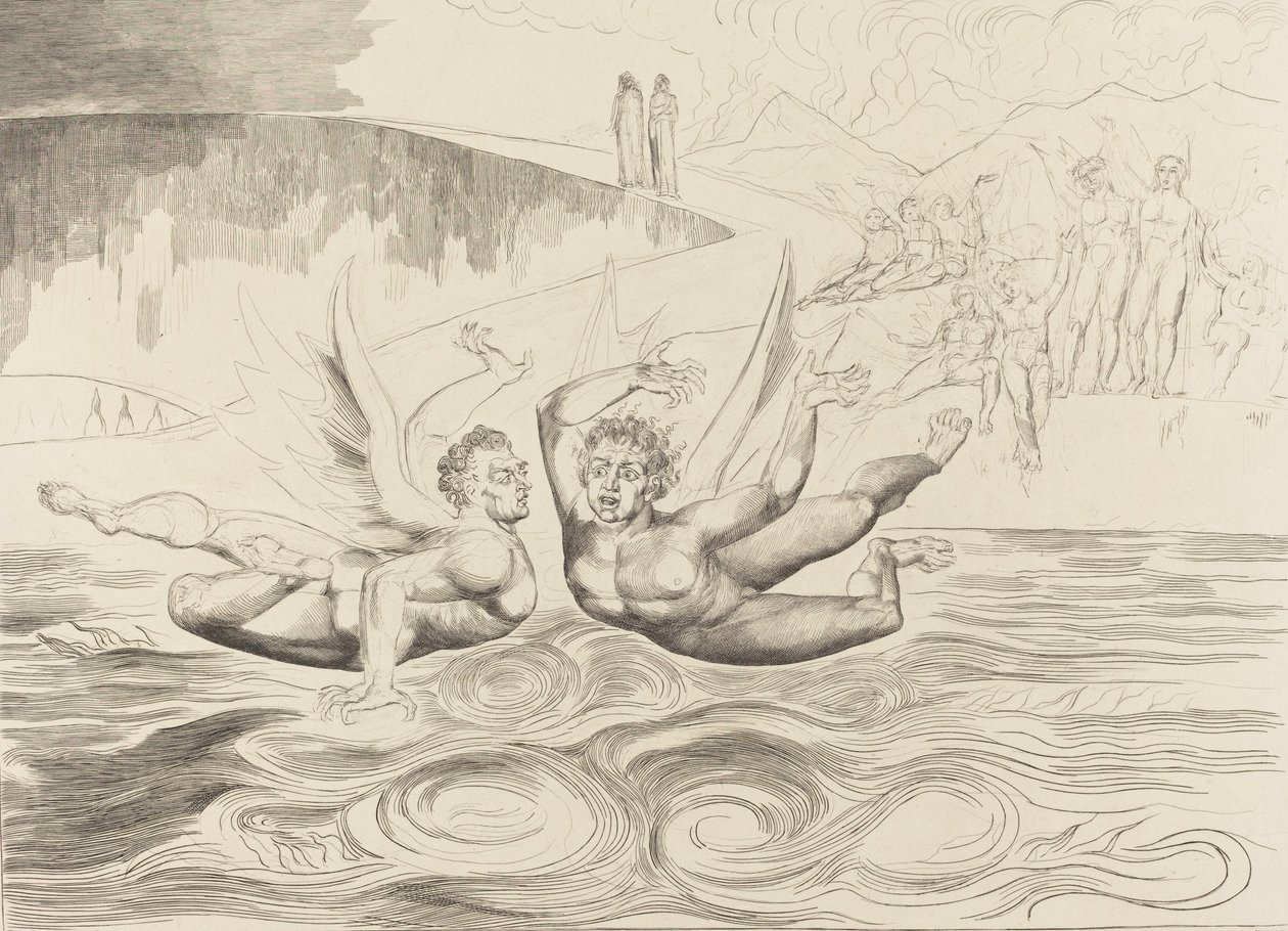 Korruptoituneiden virkamiesten ympyrä, paholaiset raiskaavat toisiaan, 1827. tekijältä William Blake