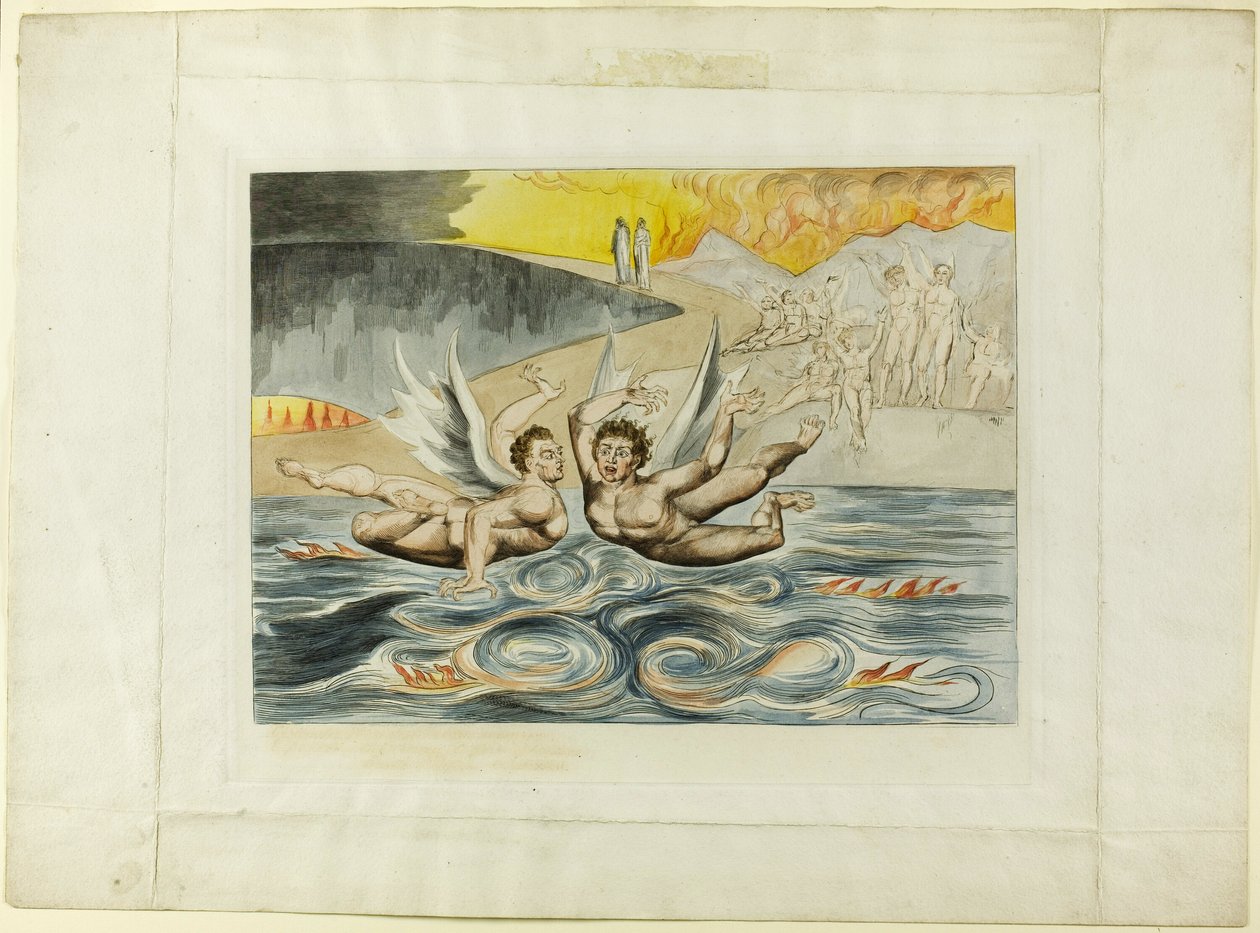 El Cercle de Funcionaris corruptes; els diables que es maltracten els uns als altres. Inferno, cant XXII.finlandès tekijältä William Blake