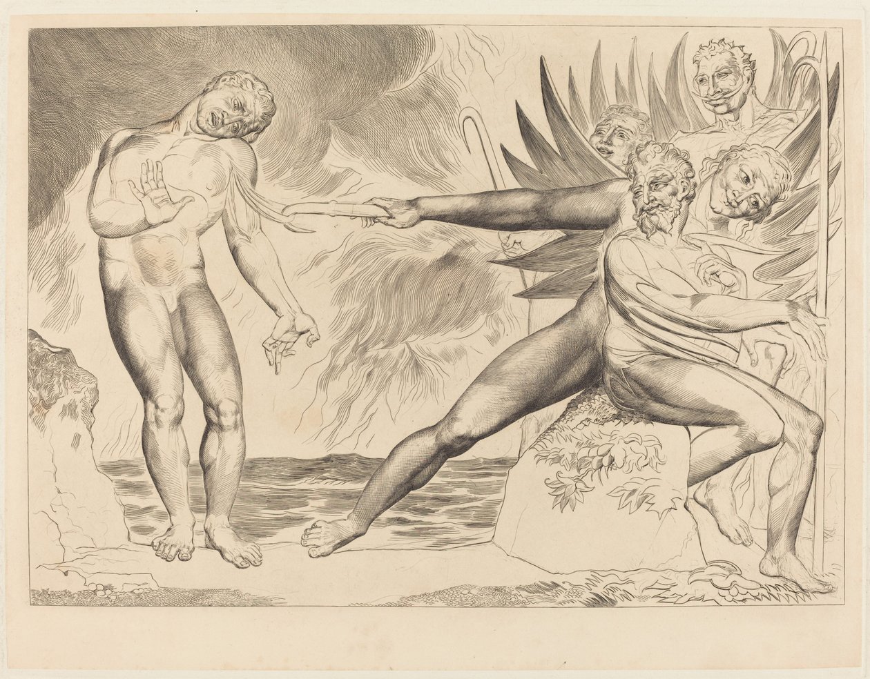 Korruptoituneiden virkamiesten piiri; paholaiset piinaavat Ciampoloa tekijältä William Blake