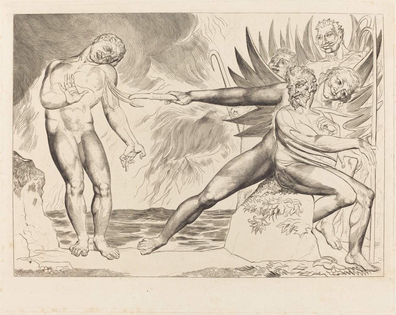 Korruptoituneiden virkamiesten piiri, paholaiset piinaavat Ciampoloa, 1827. tekijältä William Blake