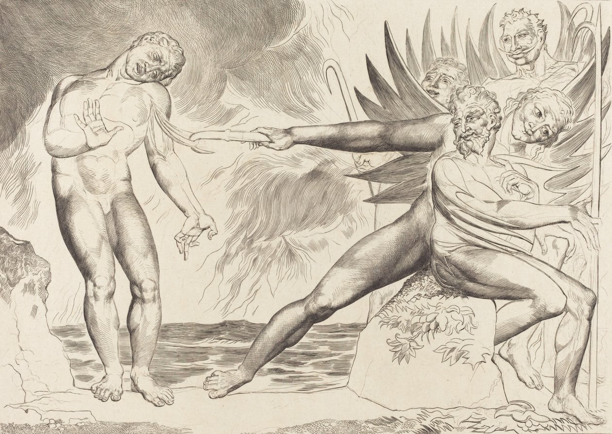 Korruptoituneiden virkamiesten piiri, paholaiset piinaavat Ciampoloa, 1827. tekijältä William Blake