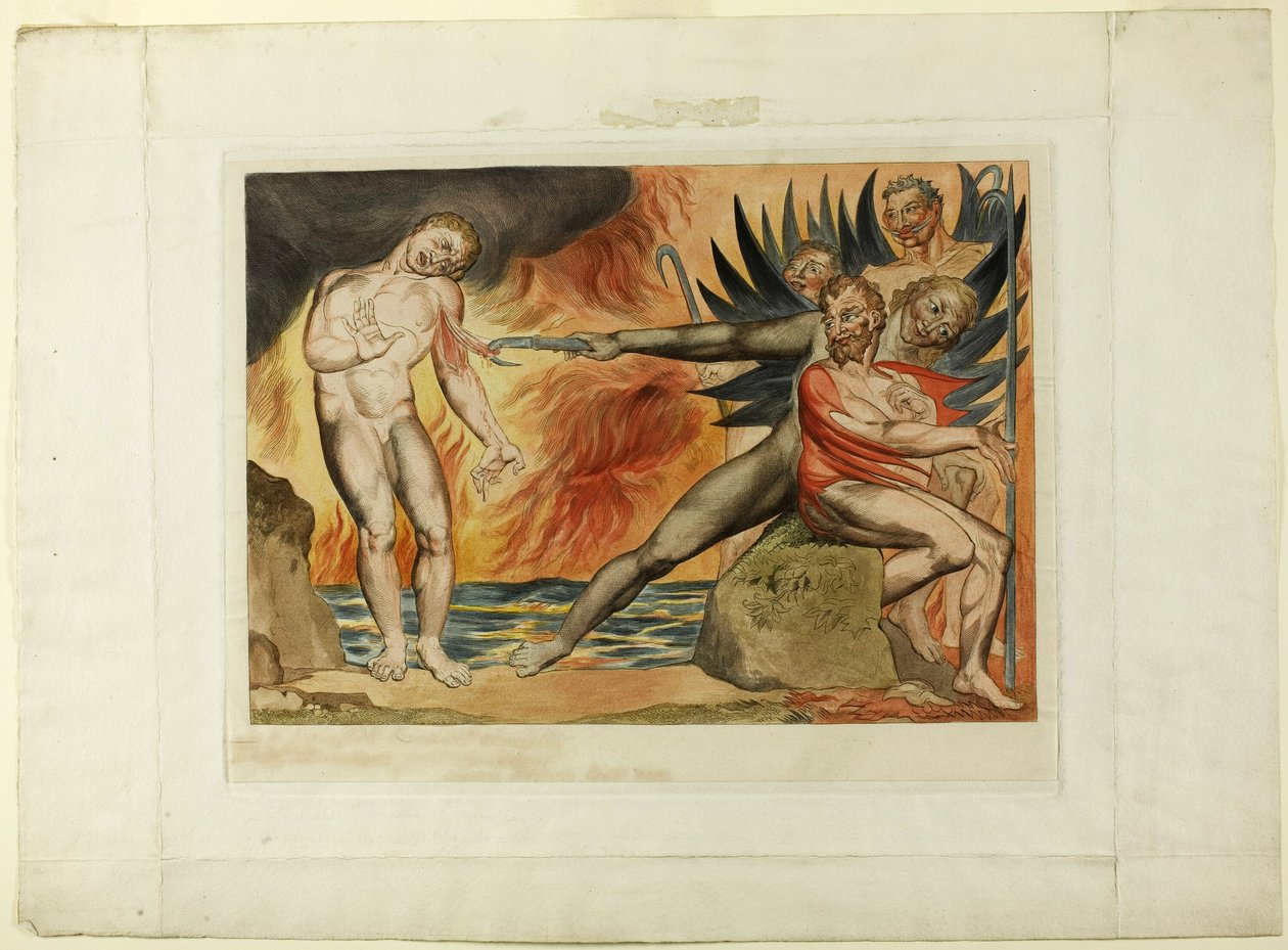 Korruptoituneiden virkamiesten piiri; paholaiset piinaavat Ciampoloa. Inferno, canto XXII tekijältä William Blake