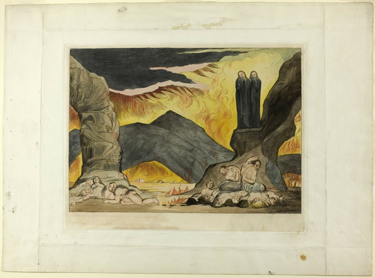 Väärentäjien ympyrä: Dante ja Virgil peittävät nenänsä hajun takia. Inferno, laulu XXIX tekijältä William Blake