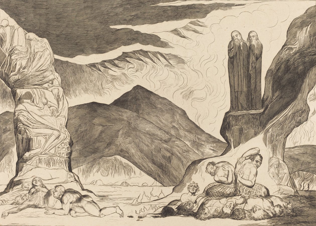 Väärentäjien ympyrä: Dante ja Virgil peittävät nenänsä hajun takia, 1827. tekijältä William Blake
