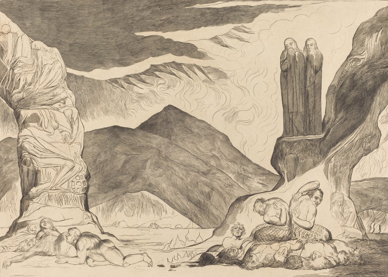 El cercle dels falsificadors: Dant i Virgili que es cobreixen el nas a causa de la pudor, 1827. finlandès tekijältä William Blake