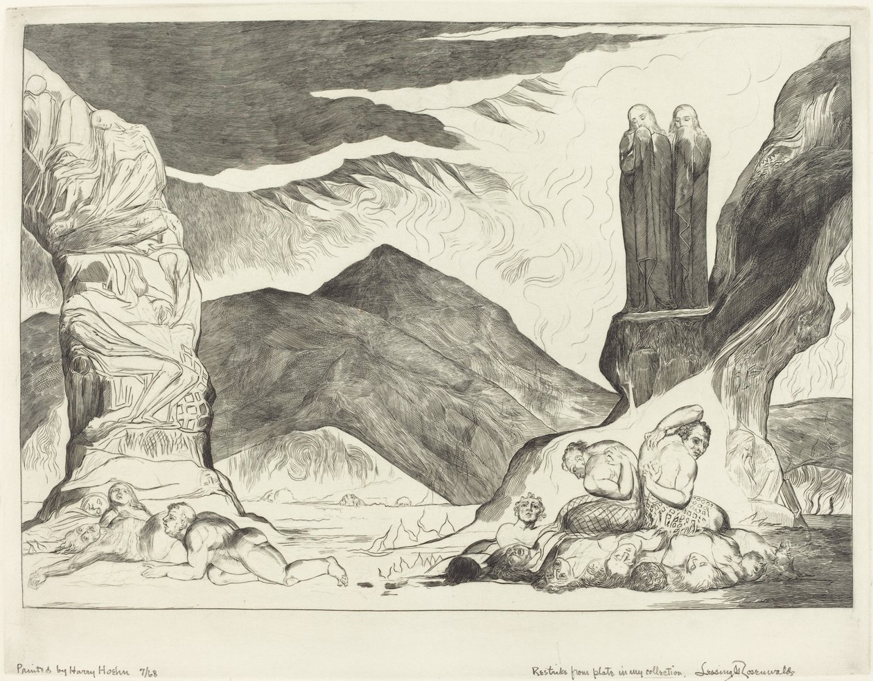 Väärentäjien ympyrä; Dante ja Virgil peittävät nenänsä hajun takia tekijältä William Blake