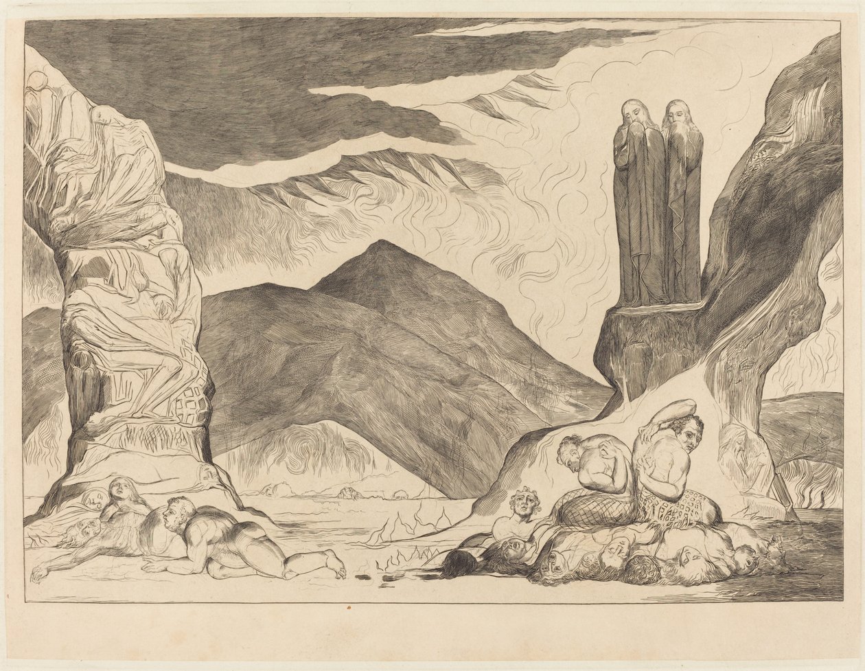 Väärentäjien ympyrä: Dante ja Virgil peittävät nenänsä pyhän takia tekijältä William Blake