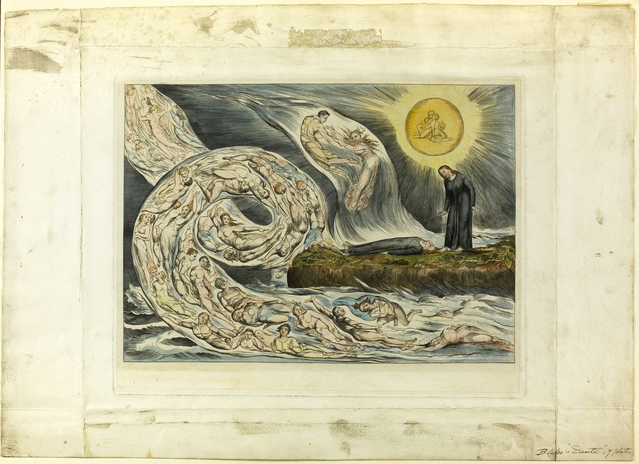 Kiihkeiden ympyrä: Paolo ja Francesca. Inferno, canto V tekijältä William Blake