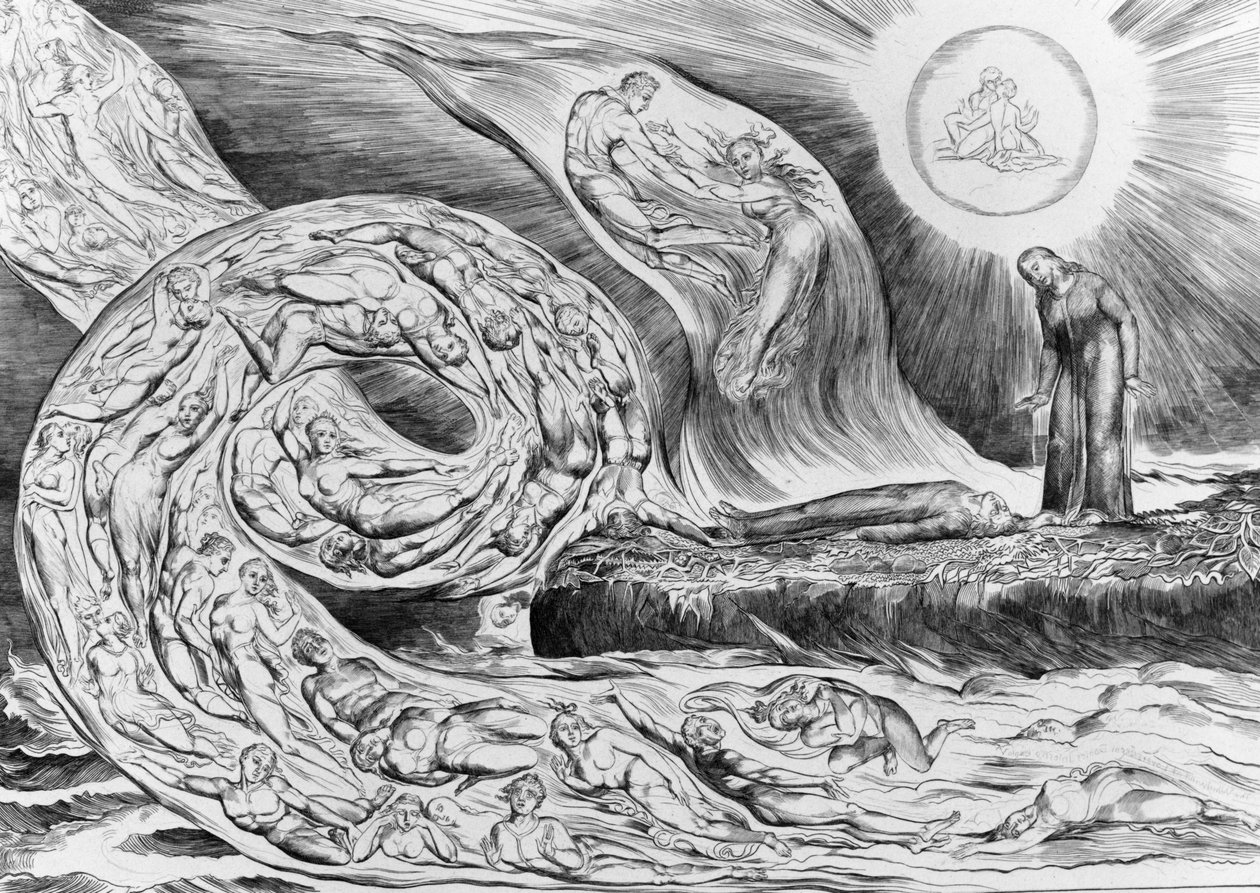 Hekumallisten piiri: Paolo ja Francesca, Danten teoksesta "Jumalainen näytelmä (Helvetti)" tekijältä William Blake