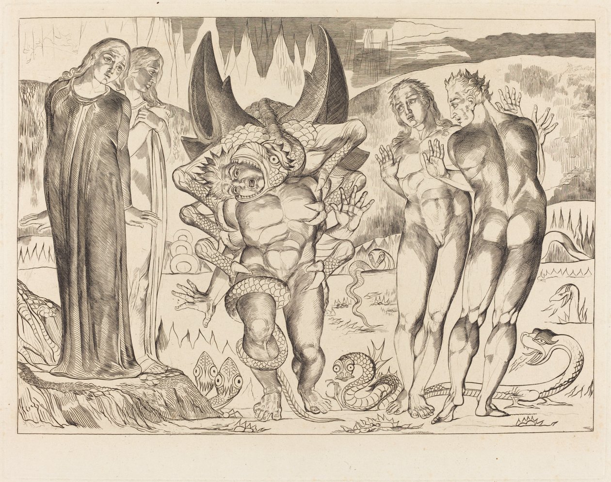 Varkaiden ympyrä; Agnolo Brunelleschi Kuusijalkaisen käärmeen kimppuun tekijältä William Blake