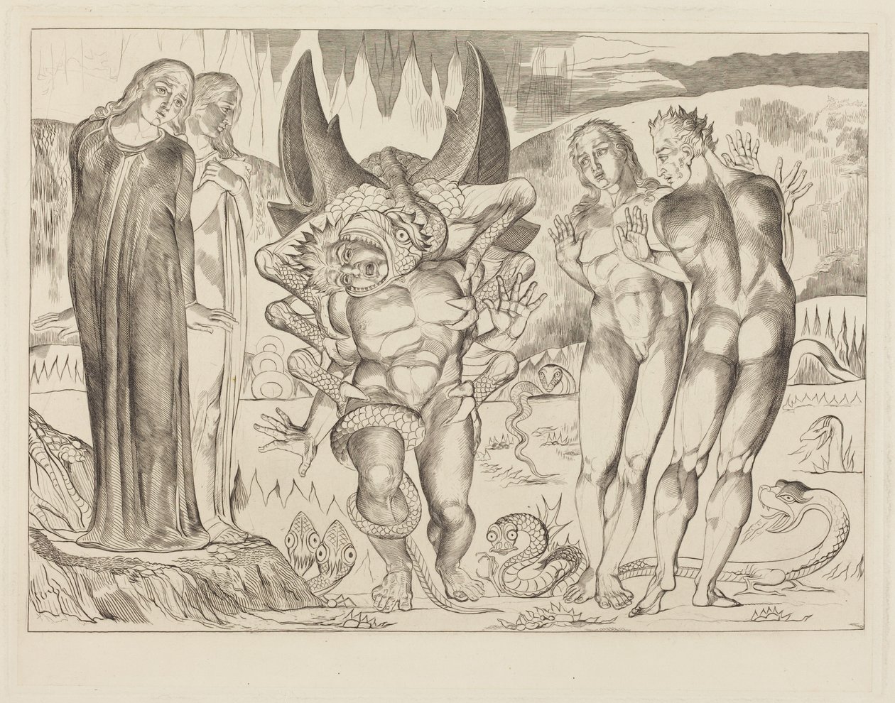 Varkaiden piiri; kuusijalkainen käärme hyökkää Agnolo Brunelleschin kimppuun tekijältä William Blake