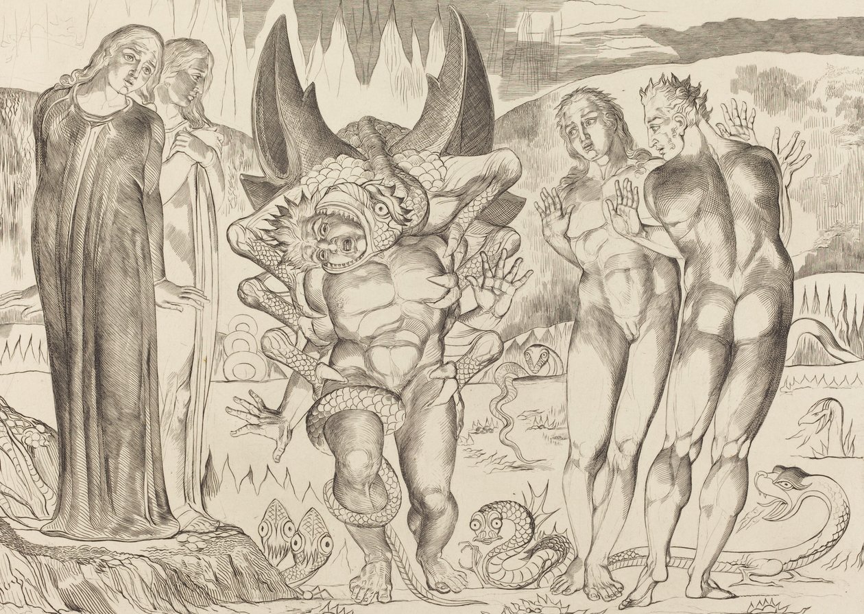 Varkaiden ympyrä, Agnolo Brunelleschi Kuusijalkaisen käärmeen kimppuun, 1827. tekijältä William Blake