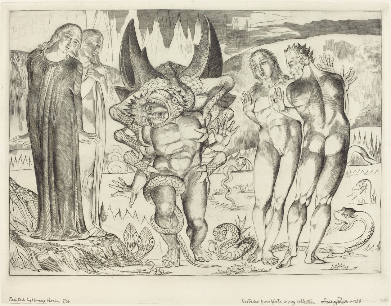 Varkaiden ympyrä, Agnolo Brunelleschi Kuusijalkaisen käärmeen kimppuun, 1827. tekijältä William Blake
