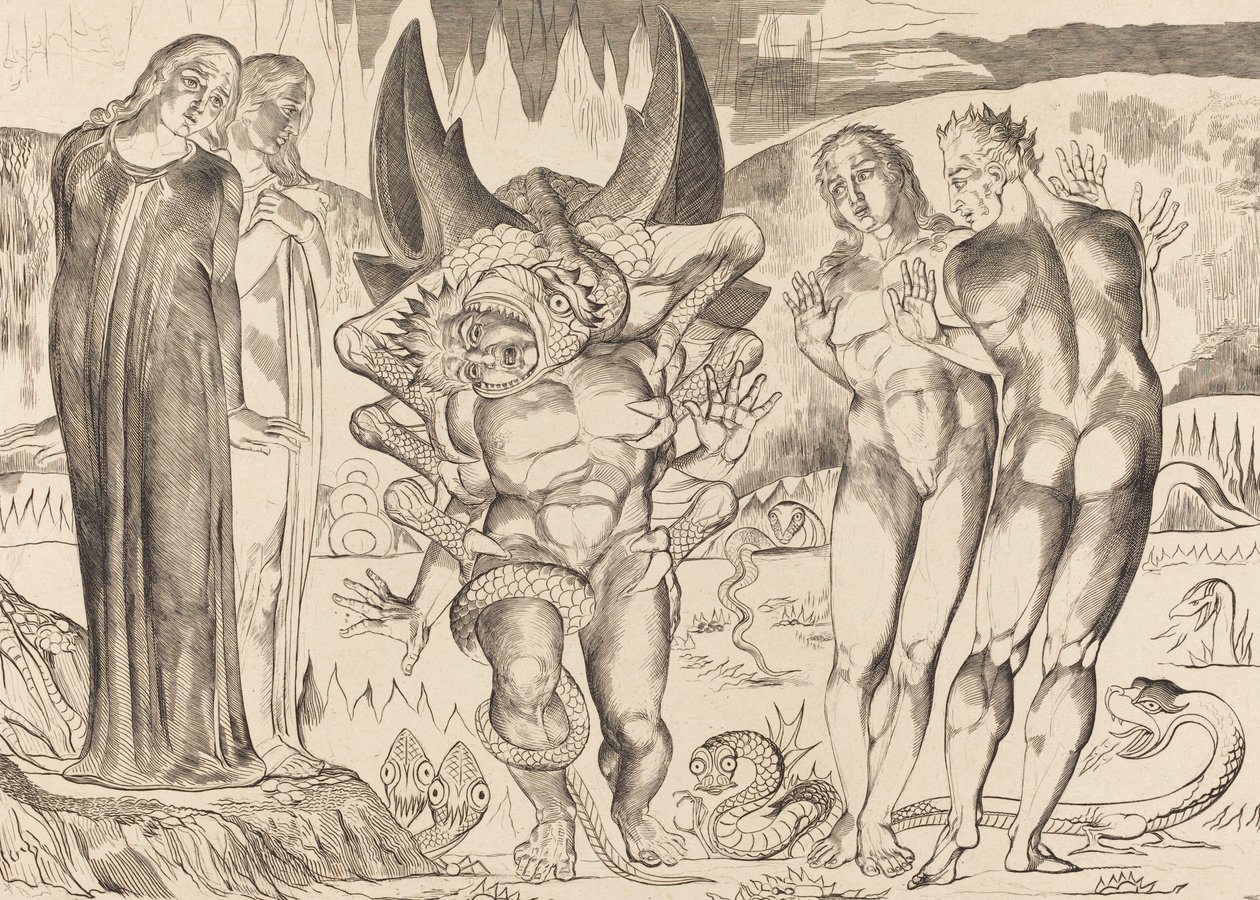 Varkaiden ympyrä, Agnolo Brunelleschi Kuusijalkaisen käärmeen kimppuun, 1827. tekijältä William Blake