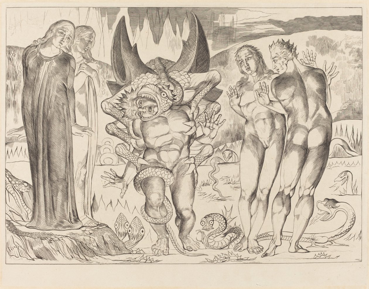 Varkaiden ympyrä, Agnolo Brunelleschi Kuusijalkaisen käärmeen kimppuun, 1827. tekijältä William Blake