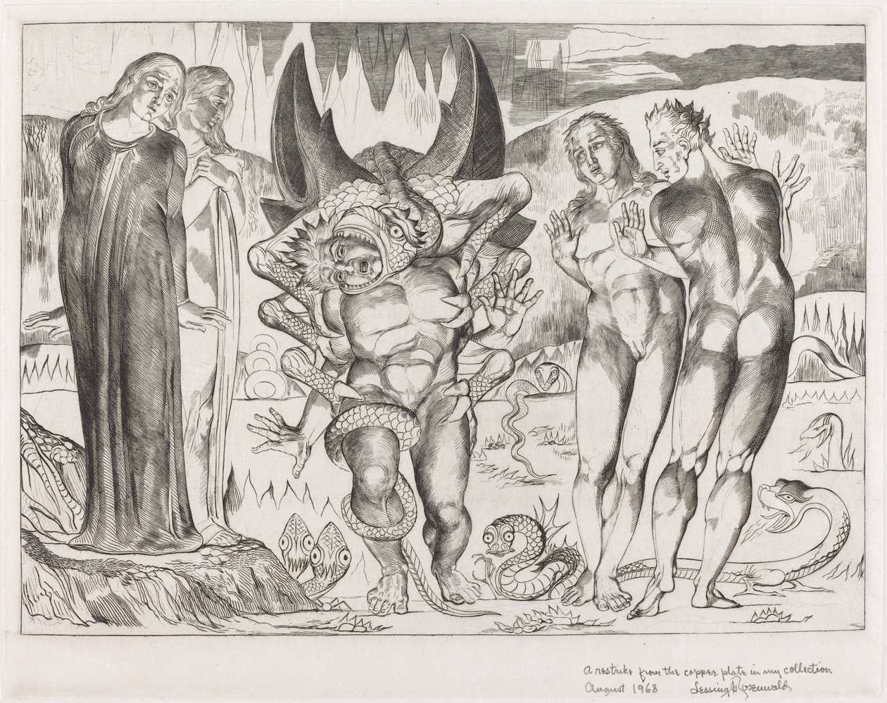 Varkaiden ympyrä, Agnolo Brunelleschi Kuusijalkaisen käärmeen kimppuun, 1827. tekijältä William Blake