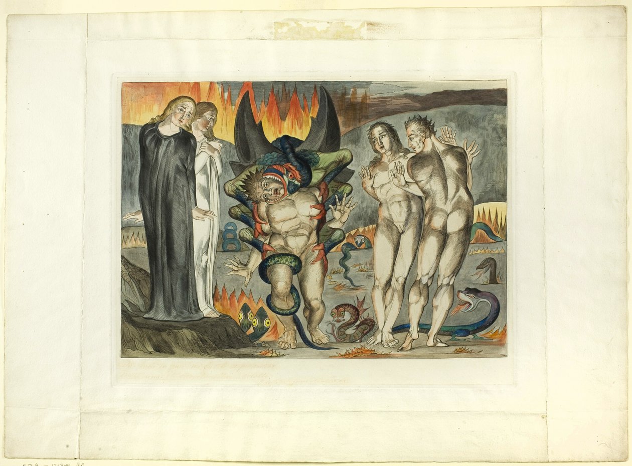 Varkaiden ympyrä; Agnolo Brunelleschi Kuusijalkaisen käärmeen kimppuun. Inferno, canto XXV tekijältä William Blake